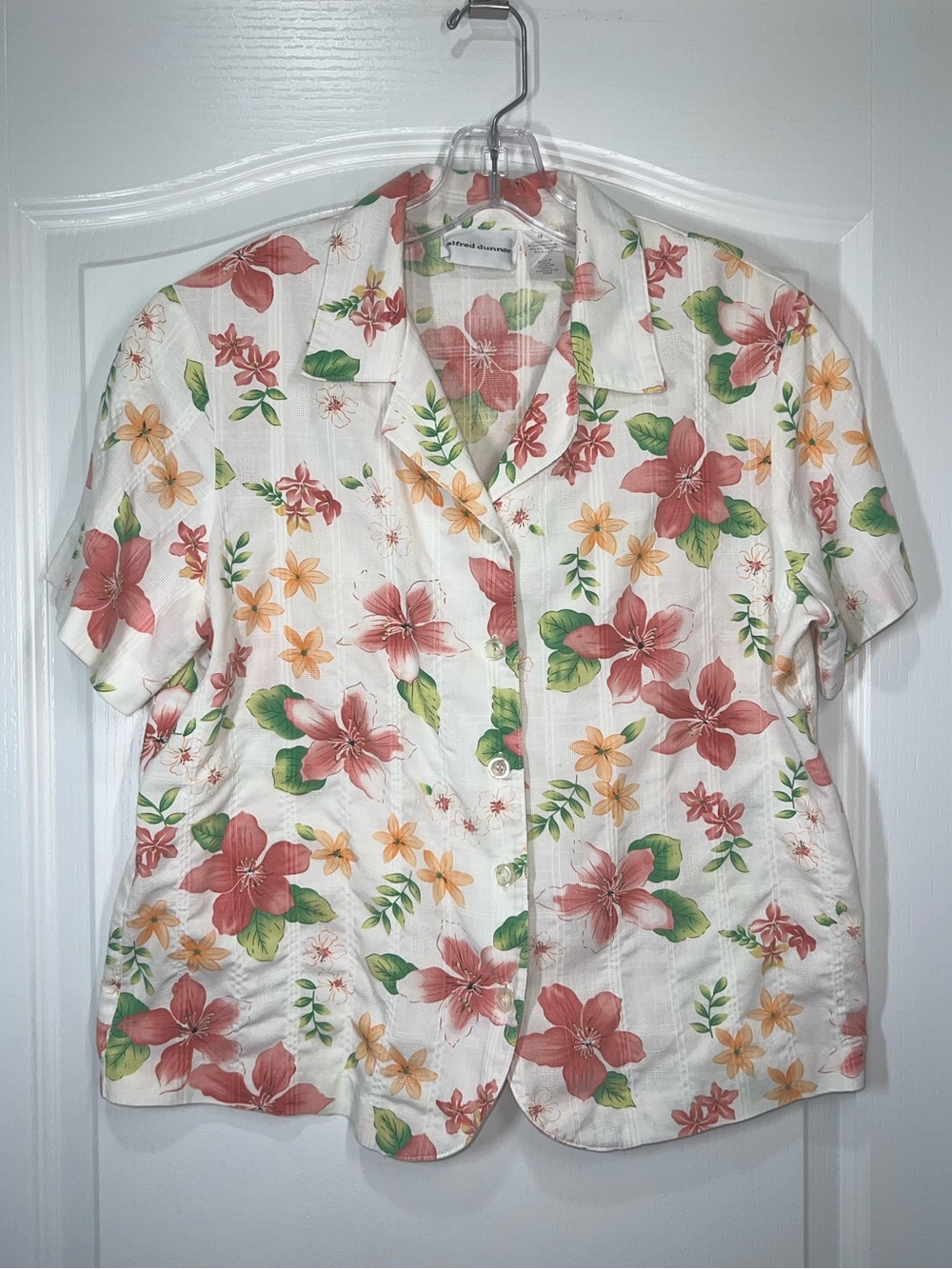 Alfred Dunner Vintage Tropical Floral Short Sleeve Button Blouse Women’s Size 10